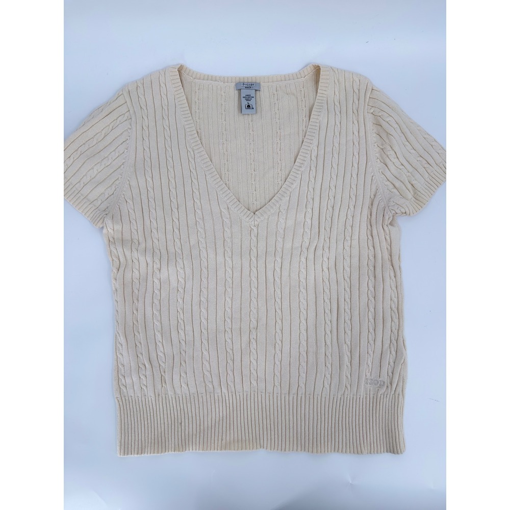 IZOD Sweater Cable Knit V-Neck Y2K Women Size Large Cream Short Sleeve Golf Top